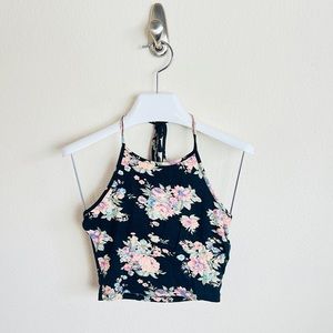 RARE Brandy Melville Sachi Black Floral Halter Tank Crop Top